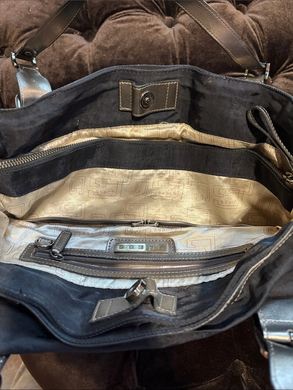 Guess Black Duffel Tote with Metallic Silver Accents